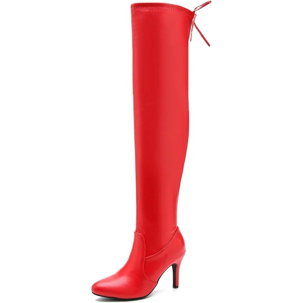 Women Red Polyurethane Pointed Toe Over The Knee Thigh High Stiletto Heel Boot